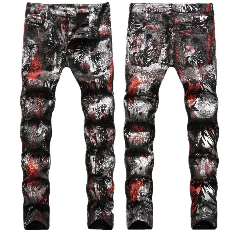 Men Fashion Leopard Print Slim Fit Jeans Street Tide Denim Pants