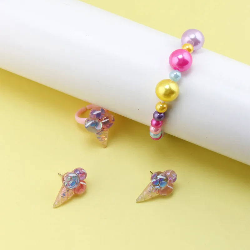 Children Kids Toddlers Fashion Girls Ice Cream Beaded Bracelet Earrings Ring Set