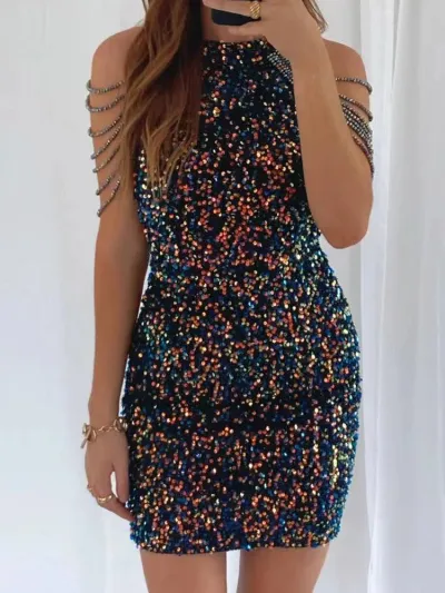 Women Halter Neck Crystal Tassel Sequin Bodycon Dress
