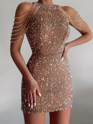 Women Halter Neck Crystal Tassel Sequin Bodycon Dress