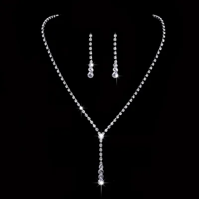 Women Fashion Rhinestone Wedding Earrings Necklace Bracelet Set with Claw Chain