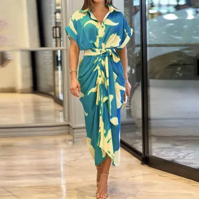 Women Elegant Solid Color Lapel Short Sleeve Defined Waist Pleated Shirt Dress