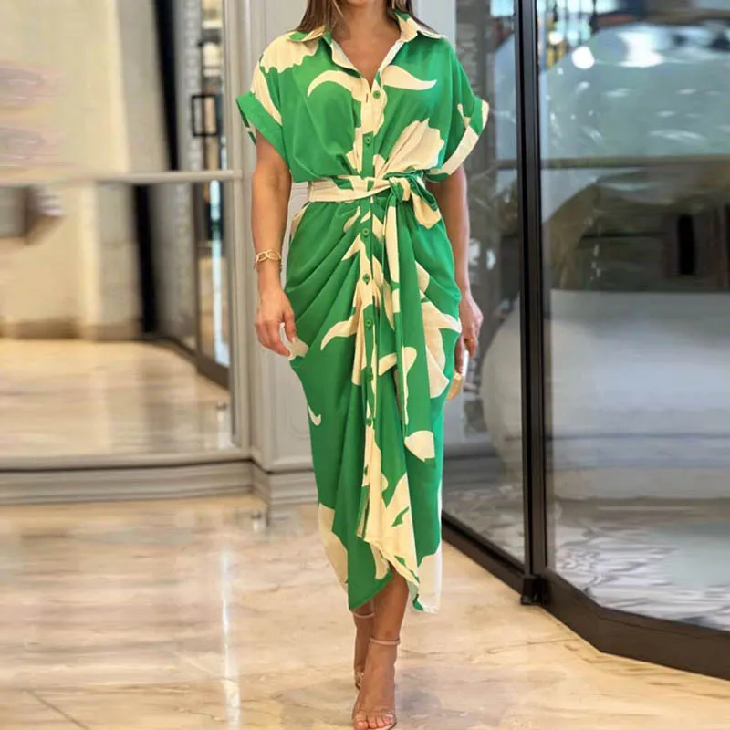 Women Elegant Solid Color Lapel Short Sleeve Defined Waist Pleated Shirt Dress