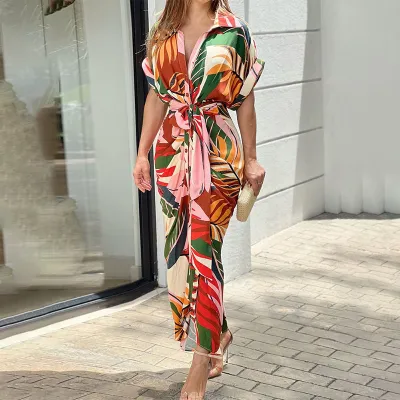 Women Elegant Solid Color Lapel Short Sleeve Defined Waist Pleated Shirt Dress