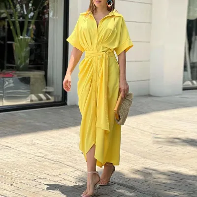 Women Elegant Solid Color Lapel Short Sleeve Defined Waist Pleated Shirt Dress