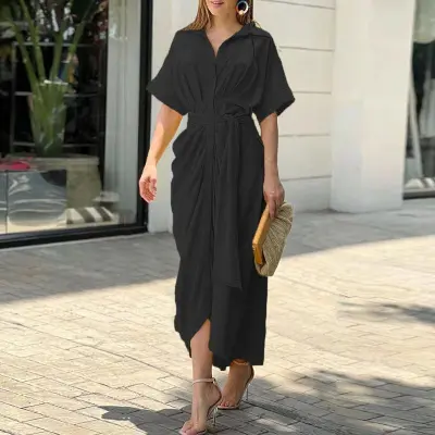 Women Elegant Solid Color Lapel Short Sleeve Defined Waist Pleated Shirt Dress