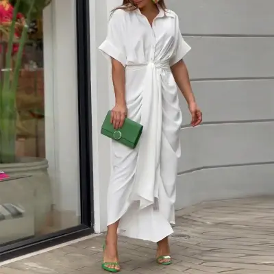Women Elegant Solid Color Lapel Short Sleeve Defined Waist Pleated Shirt Dress