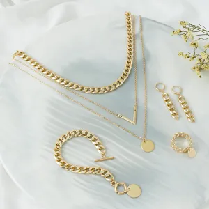 Women Simple V Necklace Aluminum Chain Ring Bracelet Set Gold Tone