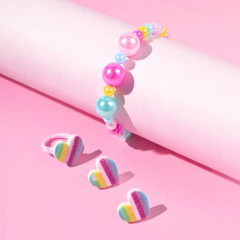 Rainbow Heart Beaded Bracelet Earrings Ring Set for Girls Kids Toddlers - Plastic Ball Chain Jewelry