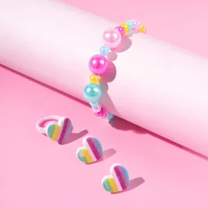 Rainbow Heart Beaded Bracelet Earrings Ring Set for Girls Kids Toddlers - Plastic Ball Chain Jewelry