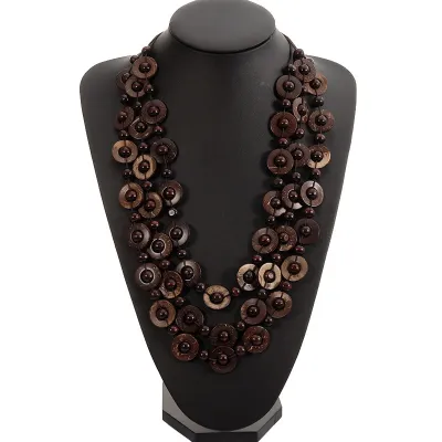 Bohemian Ethnic Mid-Length Woven Wooden Bead Coconut Shell Necklace