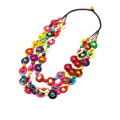 Bohemian Ethnic Mid-Length Woven Wooden Bead Coconut Shell Necklace