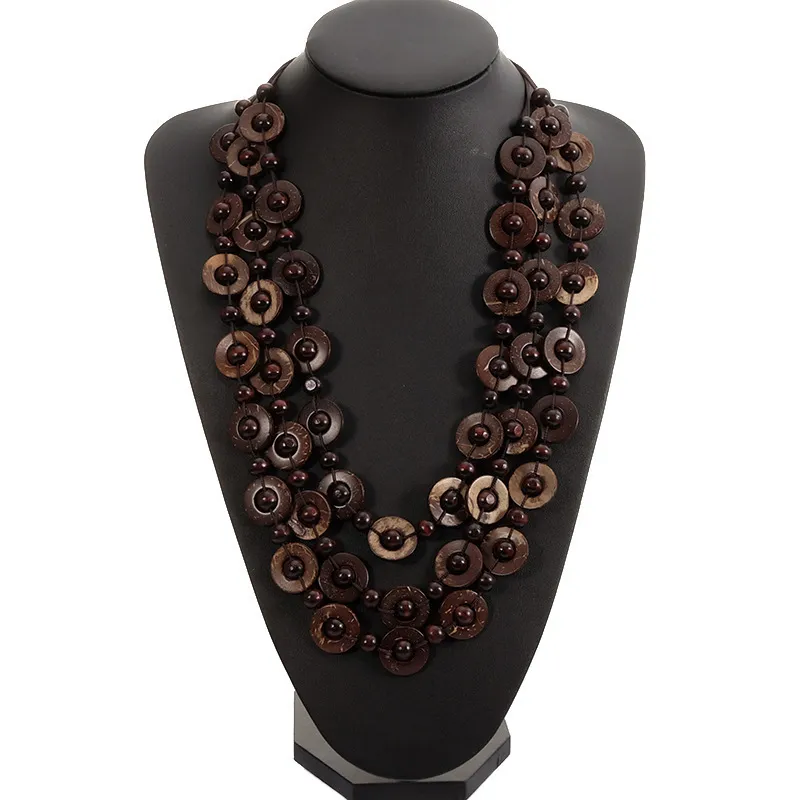Bohemian Ethnic Mid-Length Woven Wooden Bead Coconut Shell Necklace