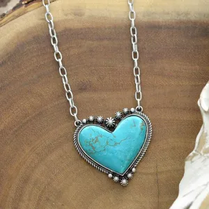Women Creative Turquoise Vintage Love Heart Green Pendant Snake Chain Necklace