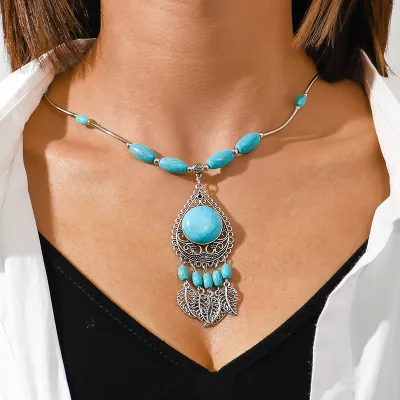Women Turquoise Exaggerated Hollow Drop Shape Pendant Leaf Tassel Necklace