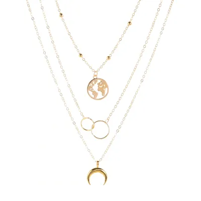 Women Fashion Multi-Layered Moon Map Bohemian Pendant Necklace Alloy Drop Shape