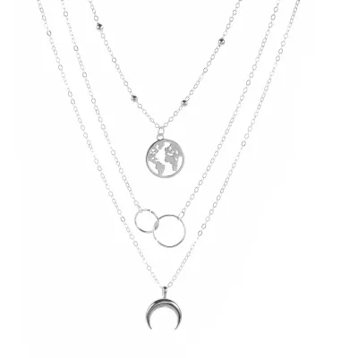 Women Fashion Multi-Layered Moon Map Bohemian Pendant Necklace Alloy Drop Shape