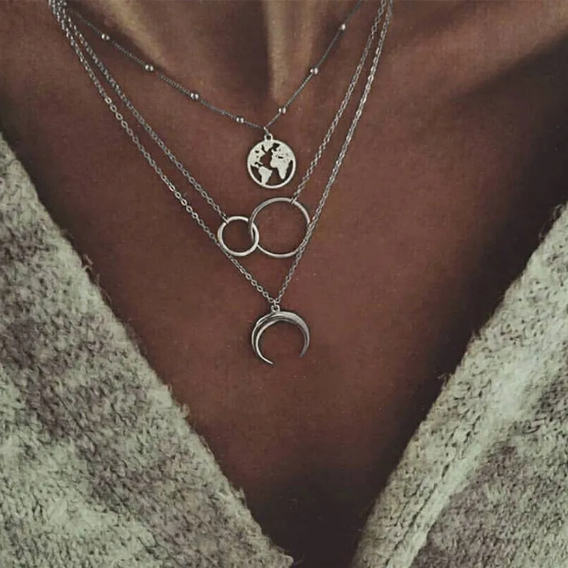 Women Fashion Multi-Layered Moon Map Bohemian Pendant Necklace Alloy Drop Shape