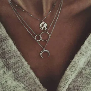 Women Fashion Multi-Layered Moon Map Bohemian Pendant Necklace Alloy Drop Shape