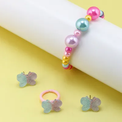 Kids Toys Children Toddlers Fashion Girls Butterfly Multicolor Acrylic Beaded Bracelet Earrings Ring Set Ball Chain Resin Pendant