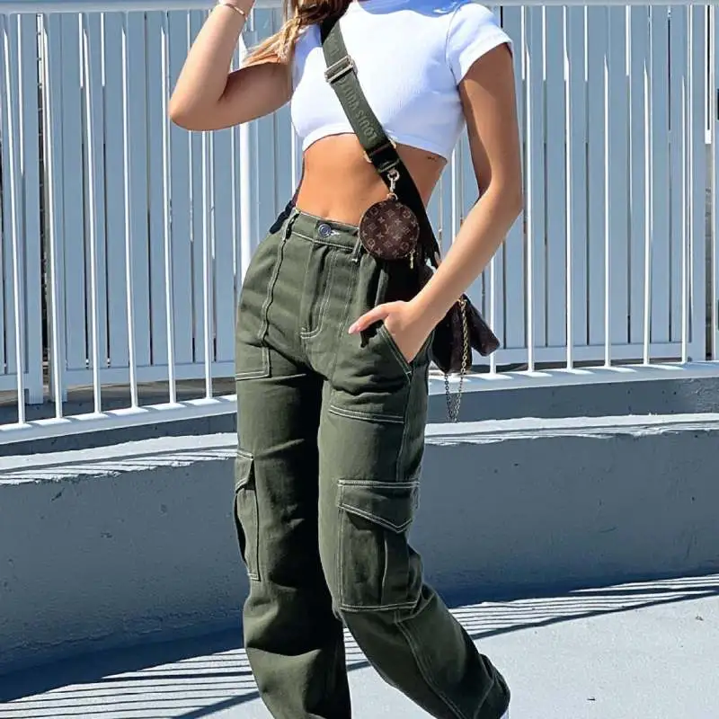 Women Solid Color High Waist Pocket Casual Loose Pants
