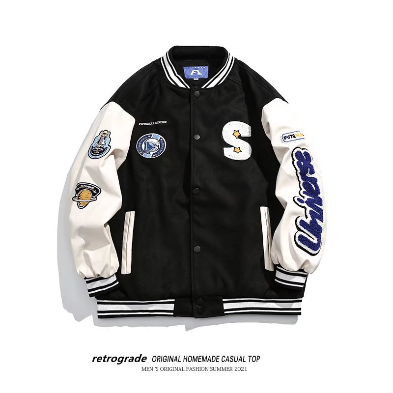Wholesale Men Retro Stitching Loose Sports Varsity Jacket