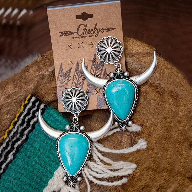 Vintage Bohemian Water Drop Turquoise Bull Head Earrings for Women
