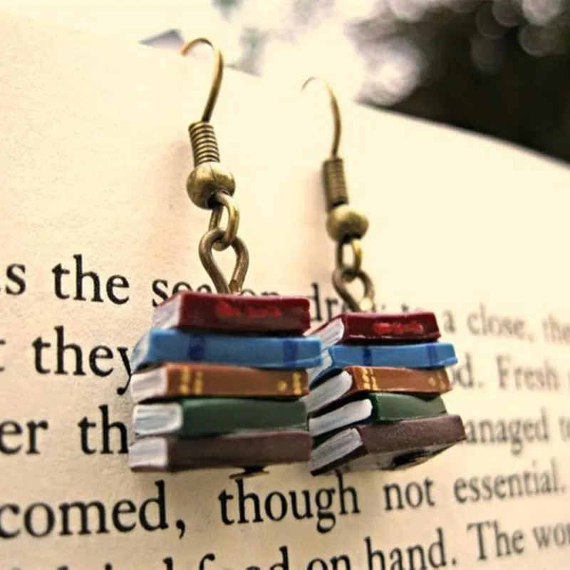 Women Vintage Library Multicolor Stacked Book Pendant Earrings