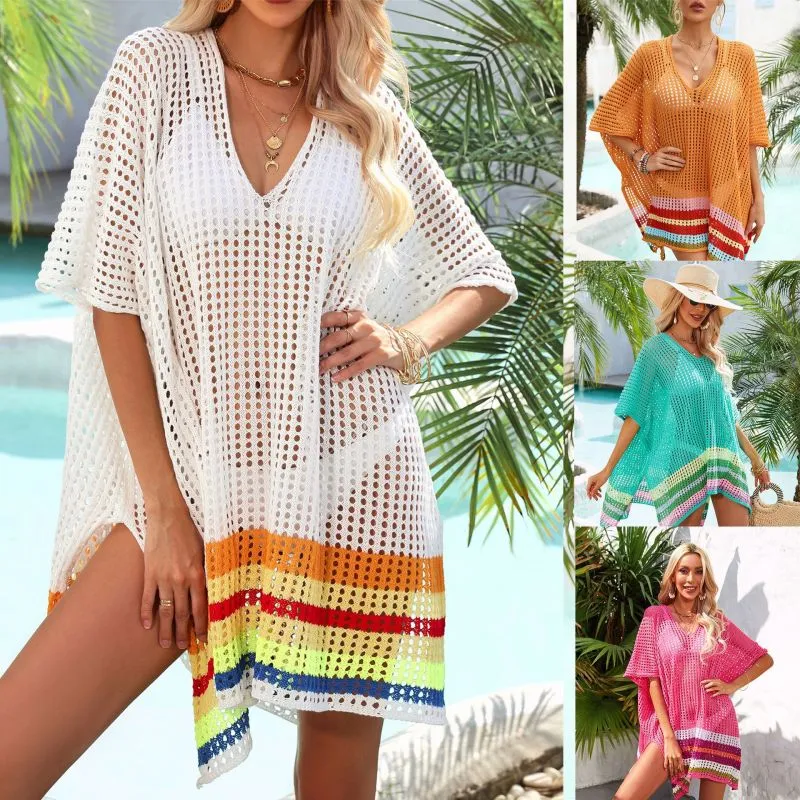 Women Fashion Beach Vacation Loose Knitted Rainbow Pattern Splicing Hollow Oversized Bikini Cover-Up