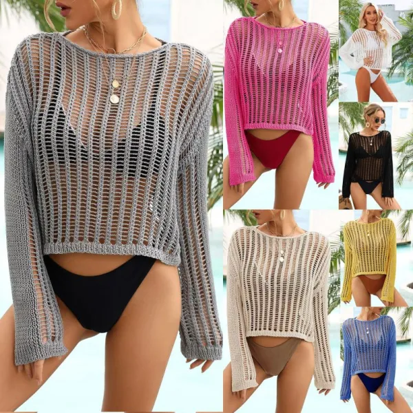 Women Fashion Beach Vacation Hollow Knitted Long Sleeve Bikini Cover-Up