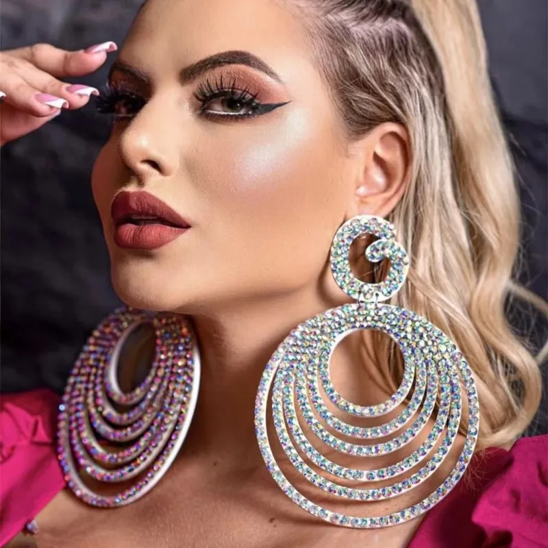Women Personality Hoop Sexy Exaggerated Multi-Layer Colored Rhinestone Earrings