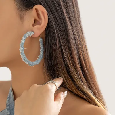Women Exaggerated Denim Printed Cloth Winding Ring Earrings
