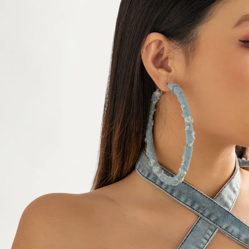 Women Exaggerated Denim Printed Cloth Winding Ring Earrings