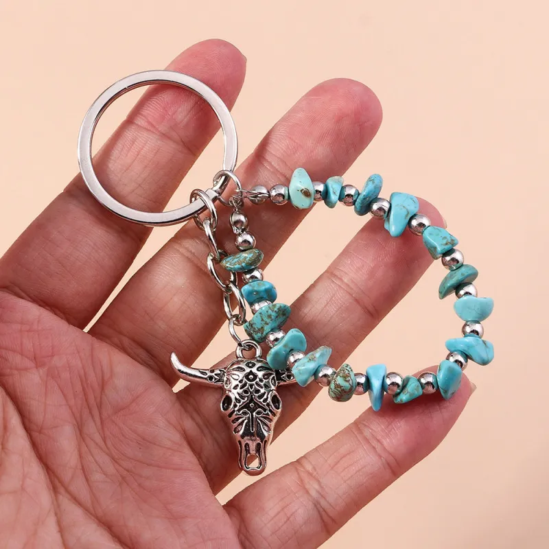 Women Vintage Ethnic Turquoise Bull Head Pendant Keychain