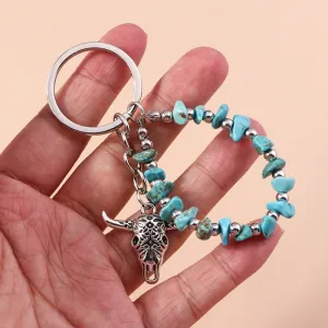 Women Vintage Ethnic Turquoise Bull Head Pendant Keychain