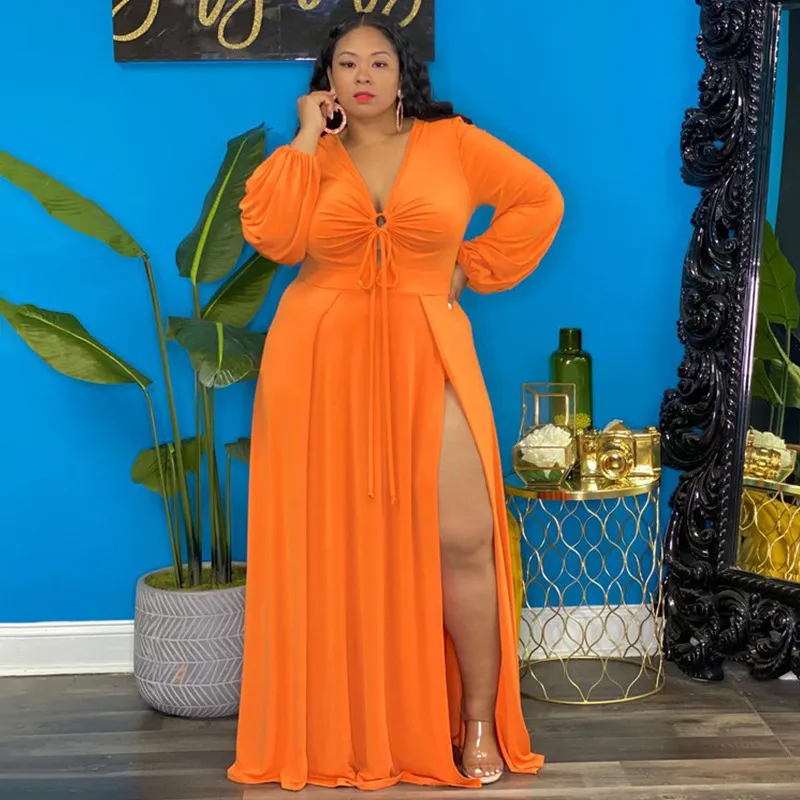 Women Plus Size Sexy Hollow Strap Slit Dress Long Sleeve V-Neck