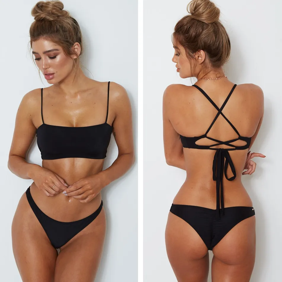 Women Sexy Solid Color Spaghetti Strap Bandage Bikini Swimwear