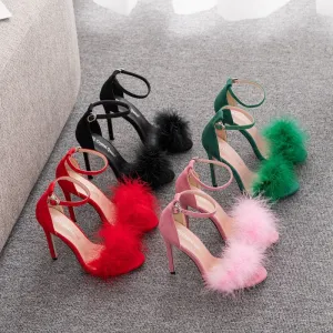 Women Sexy Feather Stiletto High Heel Sandals Plus Size