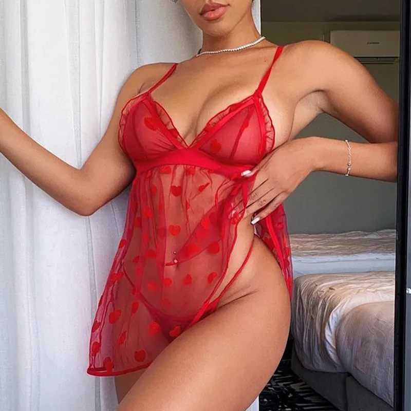 Sexy Lingerie Women Solid Mesh See-Through Suspender Nightdress