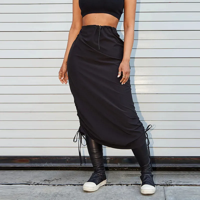 Summer Women Fashion Elastic Waist Drawstring Solid Color Irregular Hem Skirt