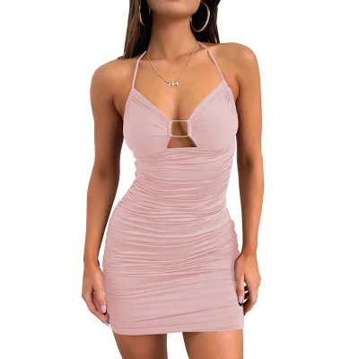 Women Summer Simple Sexy Solid Color Hollow Creased Strap Mini Dress