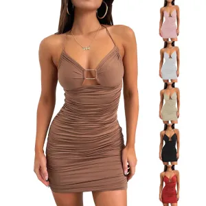 Women Summer Simple Sexy Solid Color Hollow Creased Strap Mini Dress