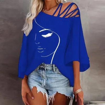 Women Fashion Paneling Loose Print T-Shirt with Dolman Sleeves