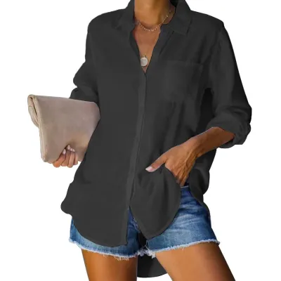 Women Plus Size Casual Button Up Shirt Solid Color Lapel Collar