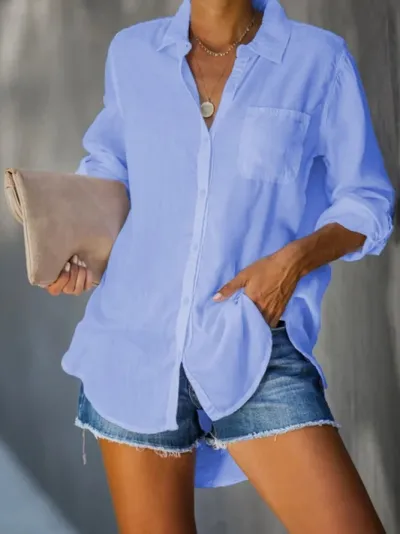 Women Plus Size Casual Button Up Shirt Solid Color Lapel Collar