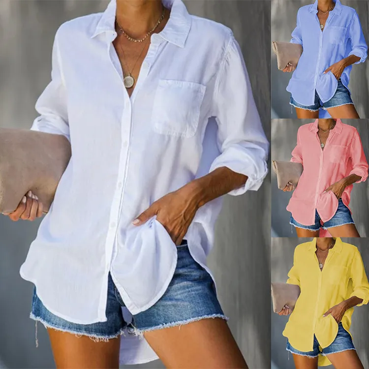 Women Plus Size Casual Button Up Shirt Solid Color Lapel Collar