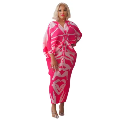 Plus Size V Neck Dolman Sleeve Printed Dress