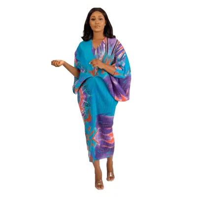 Plus Size V Neck Dolman Sleeve Printed Dress