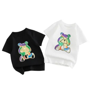 Children Kids Baby Fashion Boys Short Sleeve Cartoon Bear Print Round Neck Cotton T-Shirt