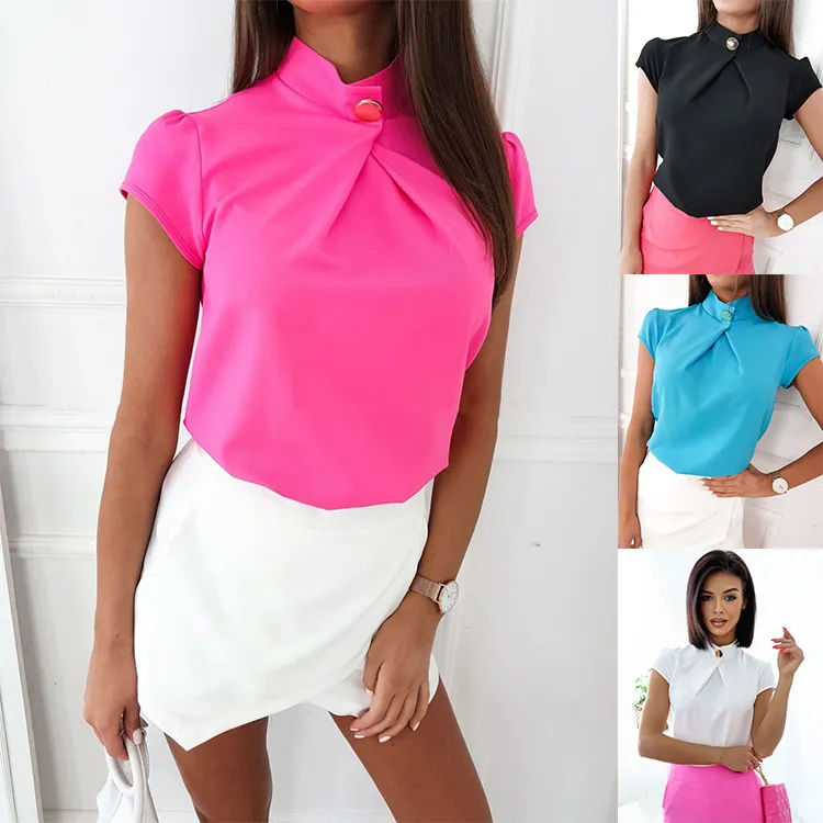 Summer Casual Adjustable Stand Collar Slim Fit Short-Sleeved Chiffon Blouse